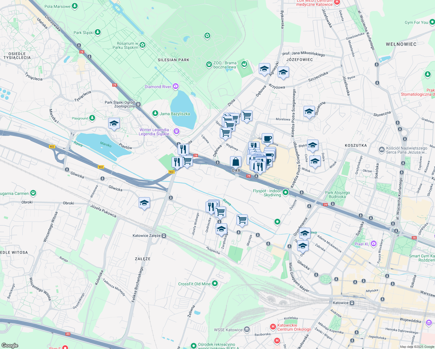 map of restaurants, bars, coffee shops, grocery stores, and more near 154 Chorzowska in Katowice