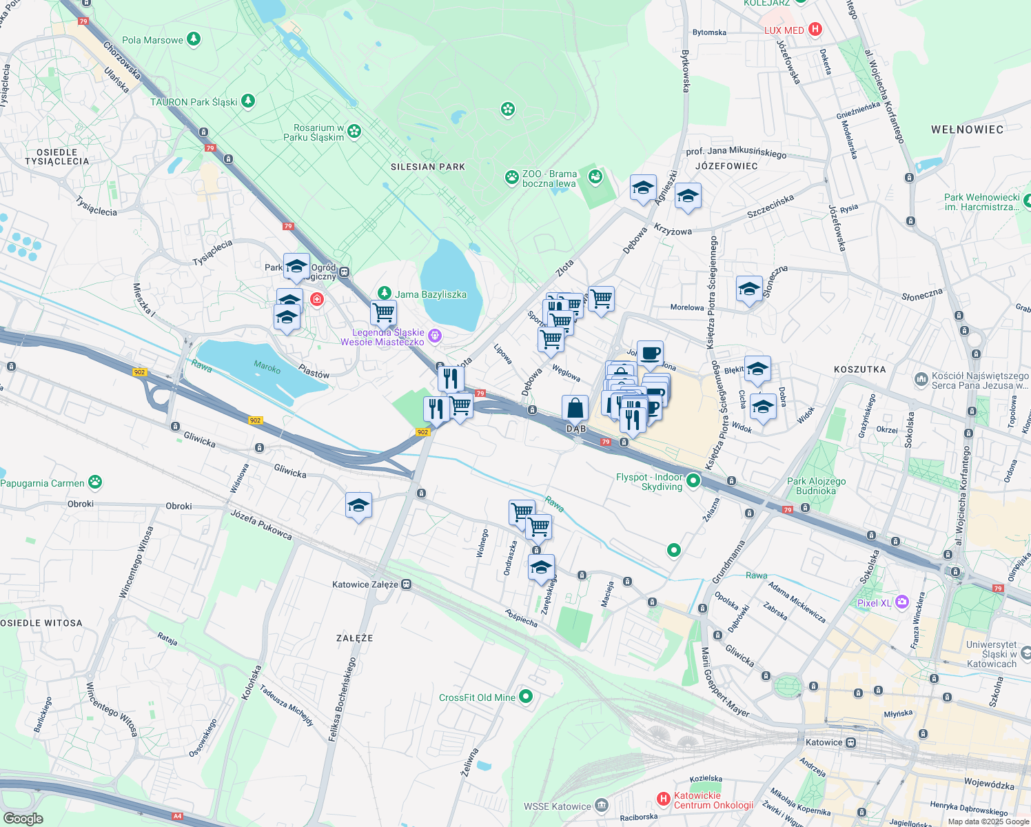 map of restaurants, bars, coffee shops, grocery stores, and more near 158 Chorzowska in Katowice