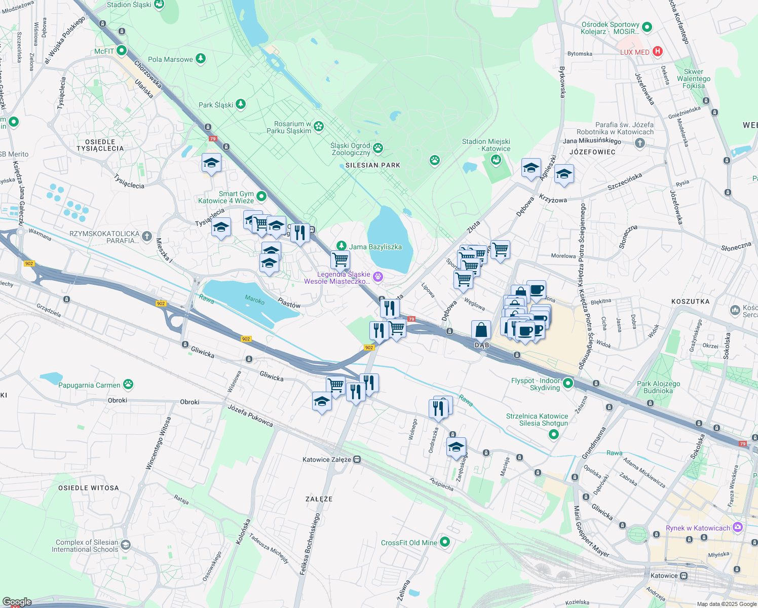 map of restaurants, bars, coffee shops, grocery stores, and more near 158 Chorzowska in Katowice