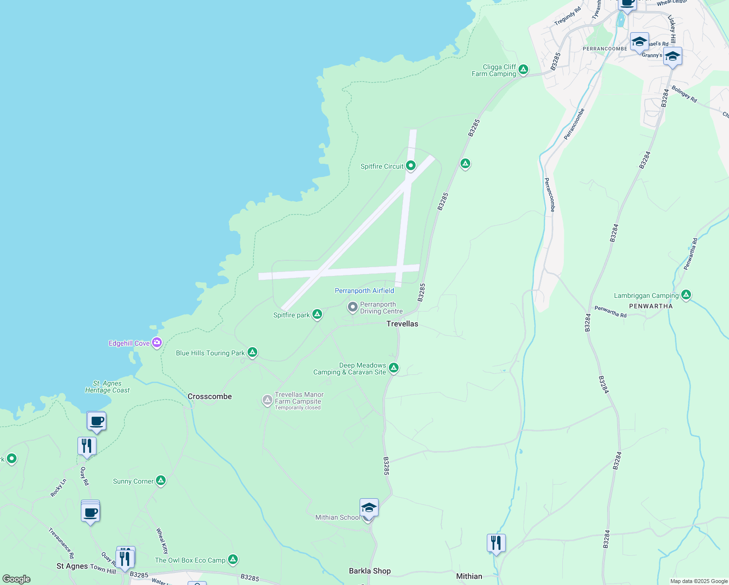 map of restaurants, bars, coffee shops, grocery stores, and more near Higher Trevellas St in Trevellas