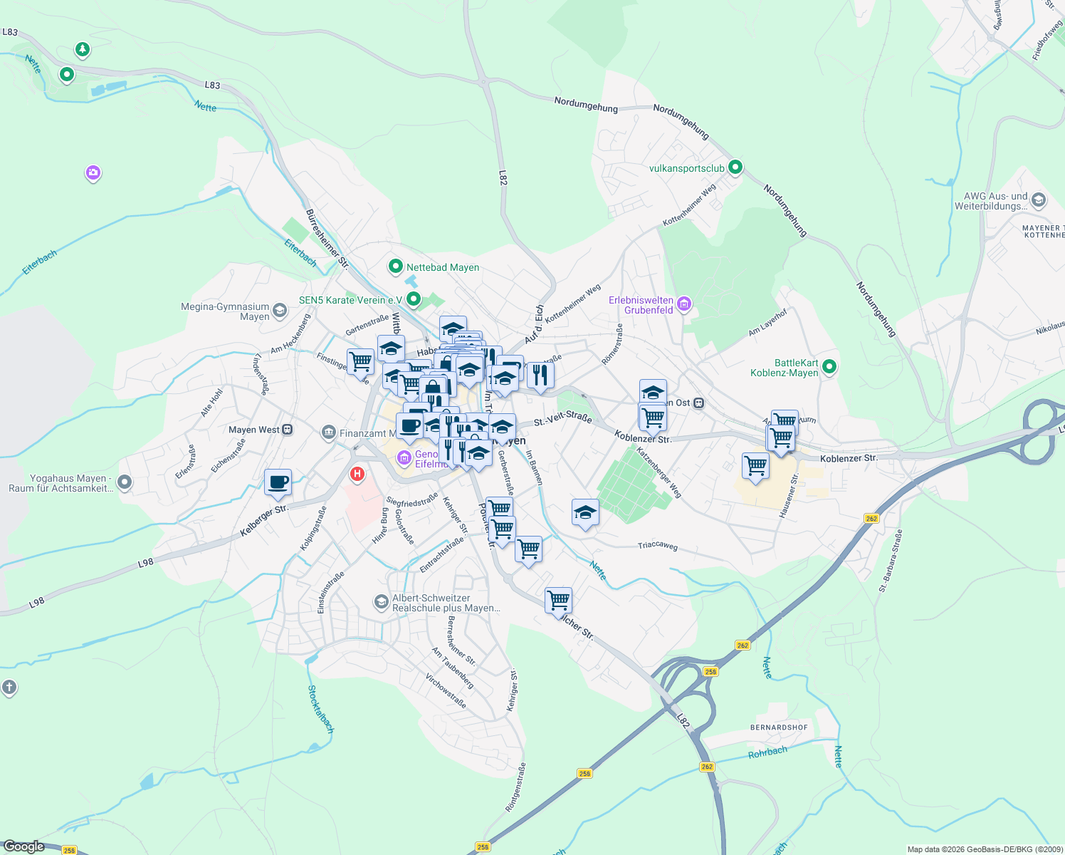 map of restaurants, bars, coffee shops, grocery stores, and more near 22 St.-Veit-Straße in Mayen
