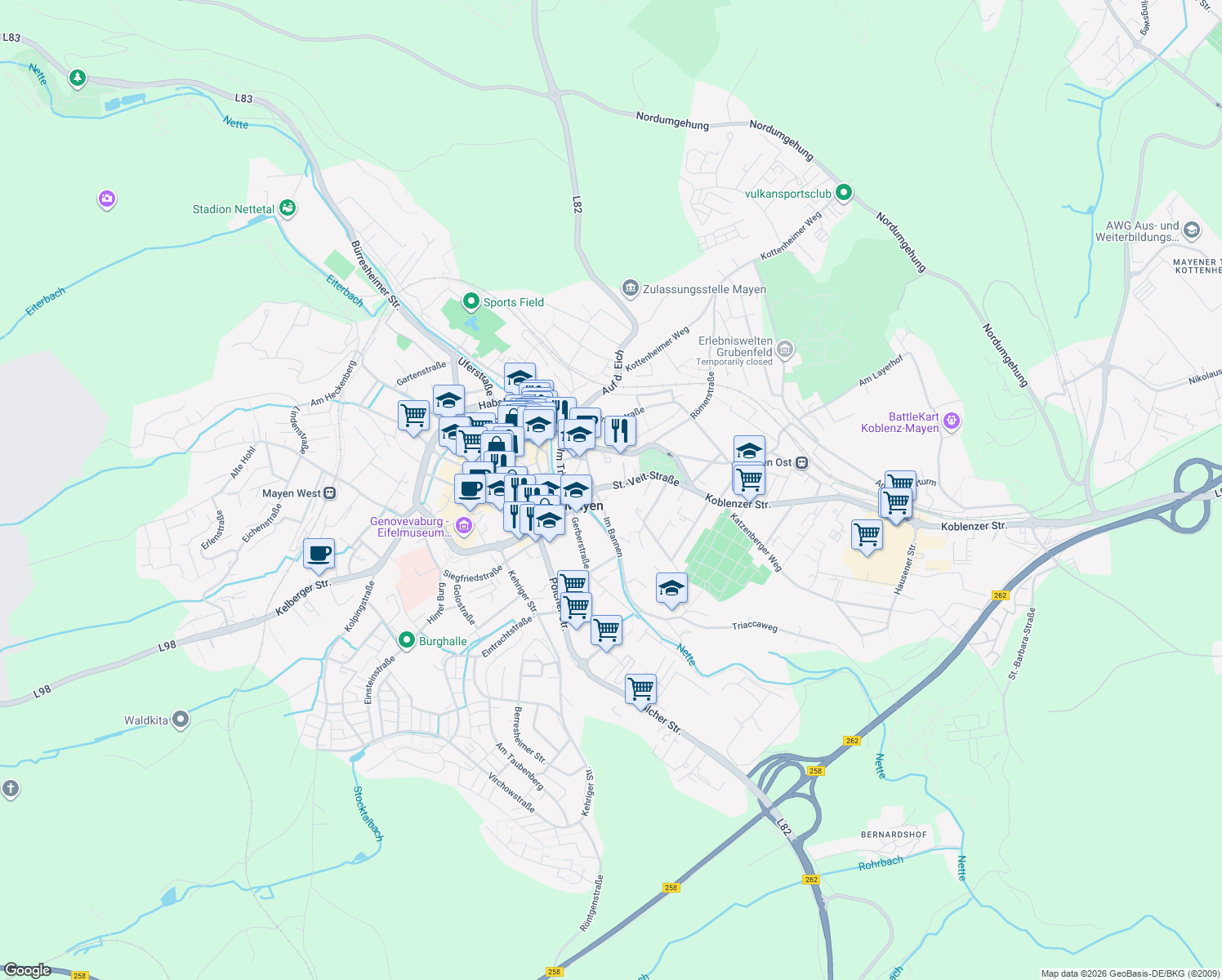 map of restaurants, bars, coffee shops, grocery stores, and more near 22 St.-Veit-Straße in Mayen