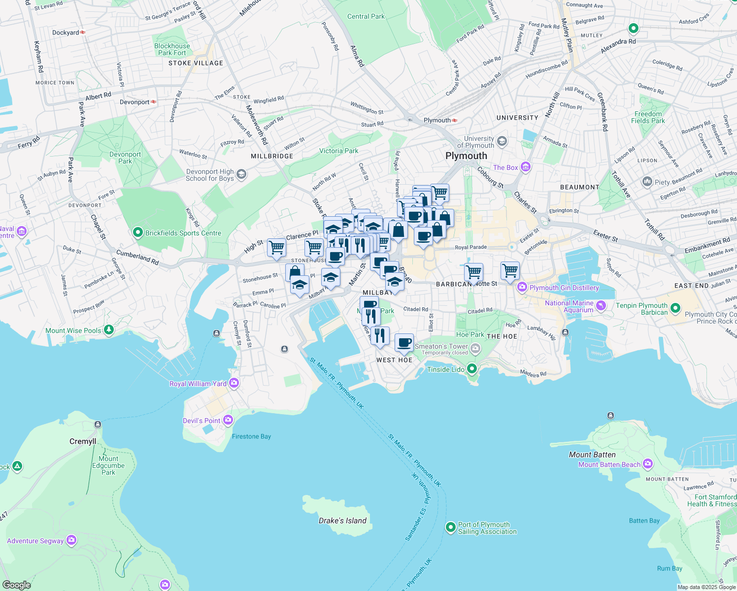 map of restaurants, bars, coffee shops, grocery stores, and more near 18 Miller Court in Plymouth