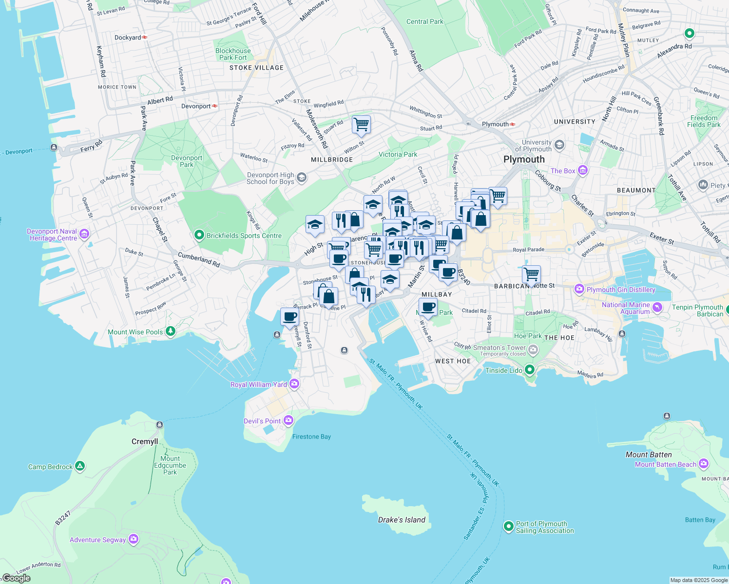map of restaurants, bars, coffee shops, grocery stores, and more near 18 Miller Court in Plymouth