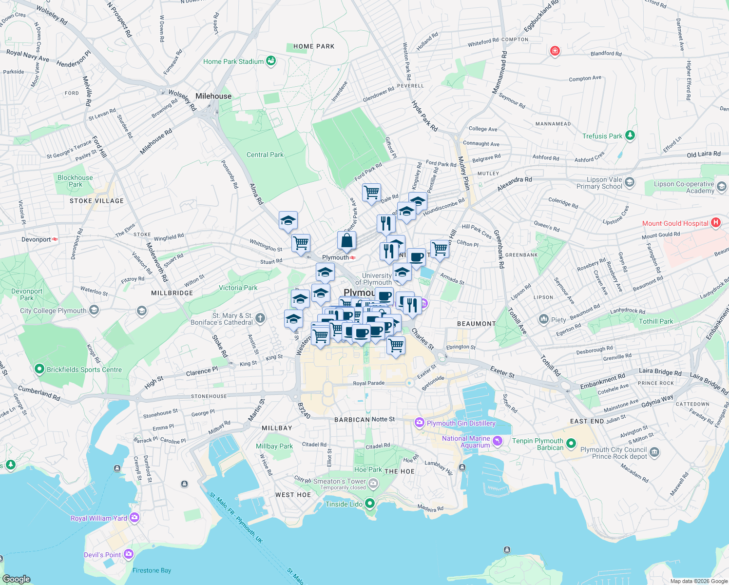 map of restaurants, bars, coffee shops, grocery stores, and more near in Plymouth