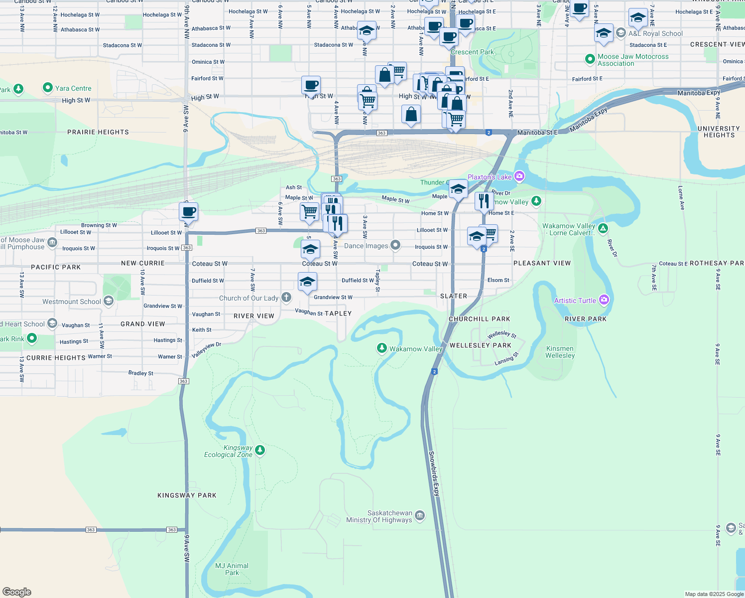 map of restaurants, bars, coffee shops, grocery stores, and more near 307 Grandview Street West in Moose Jaw