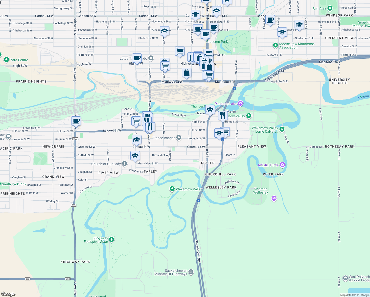 map of restaurants, bars, coffee shops, grocery stores, and more near 203 Coteau Street West in Moose Jaw