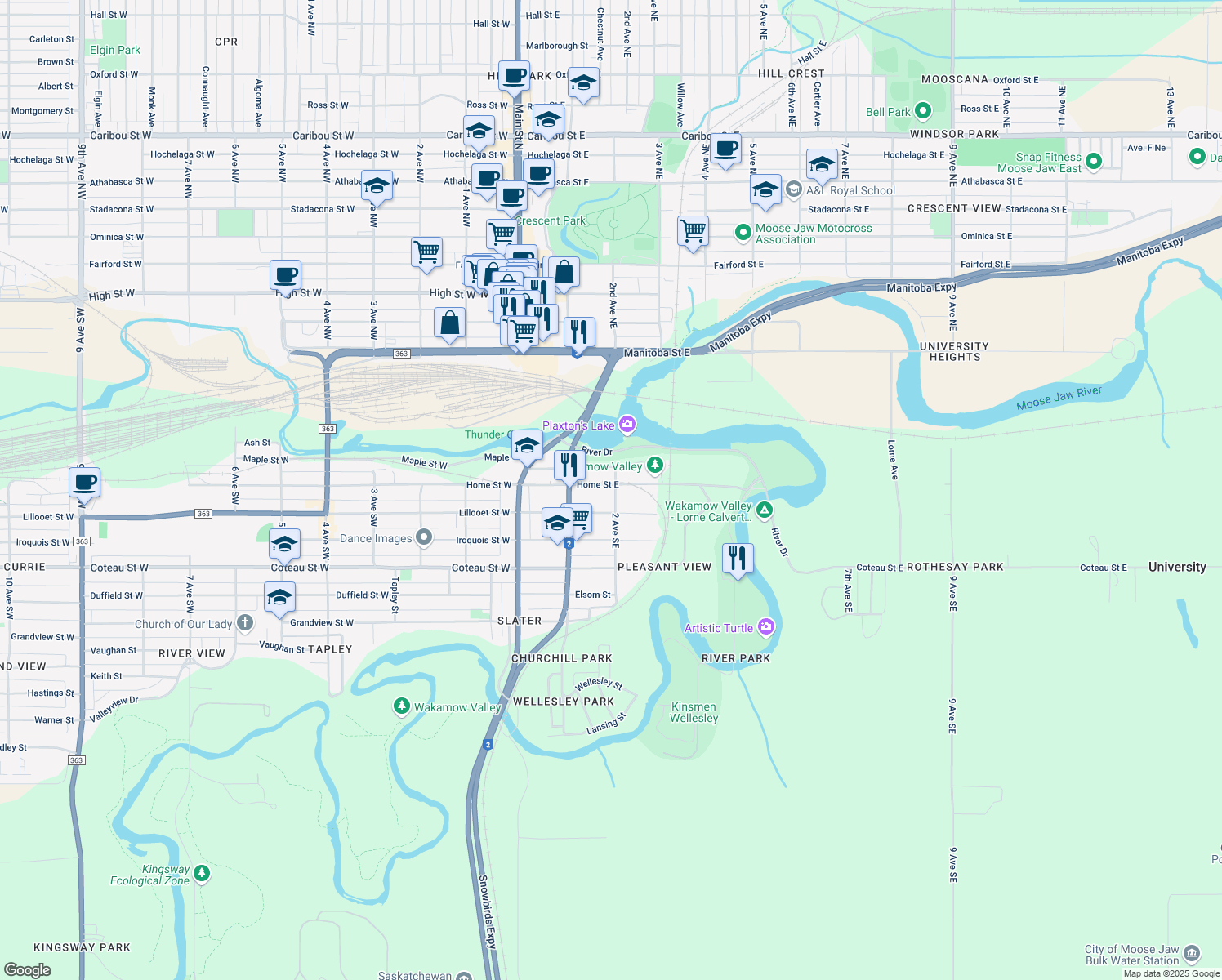 map of restaurants, bars, coffee shops, grocery stores, and more near 175 Home Street East in Moose Jaw