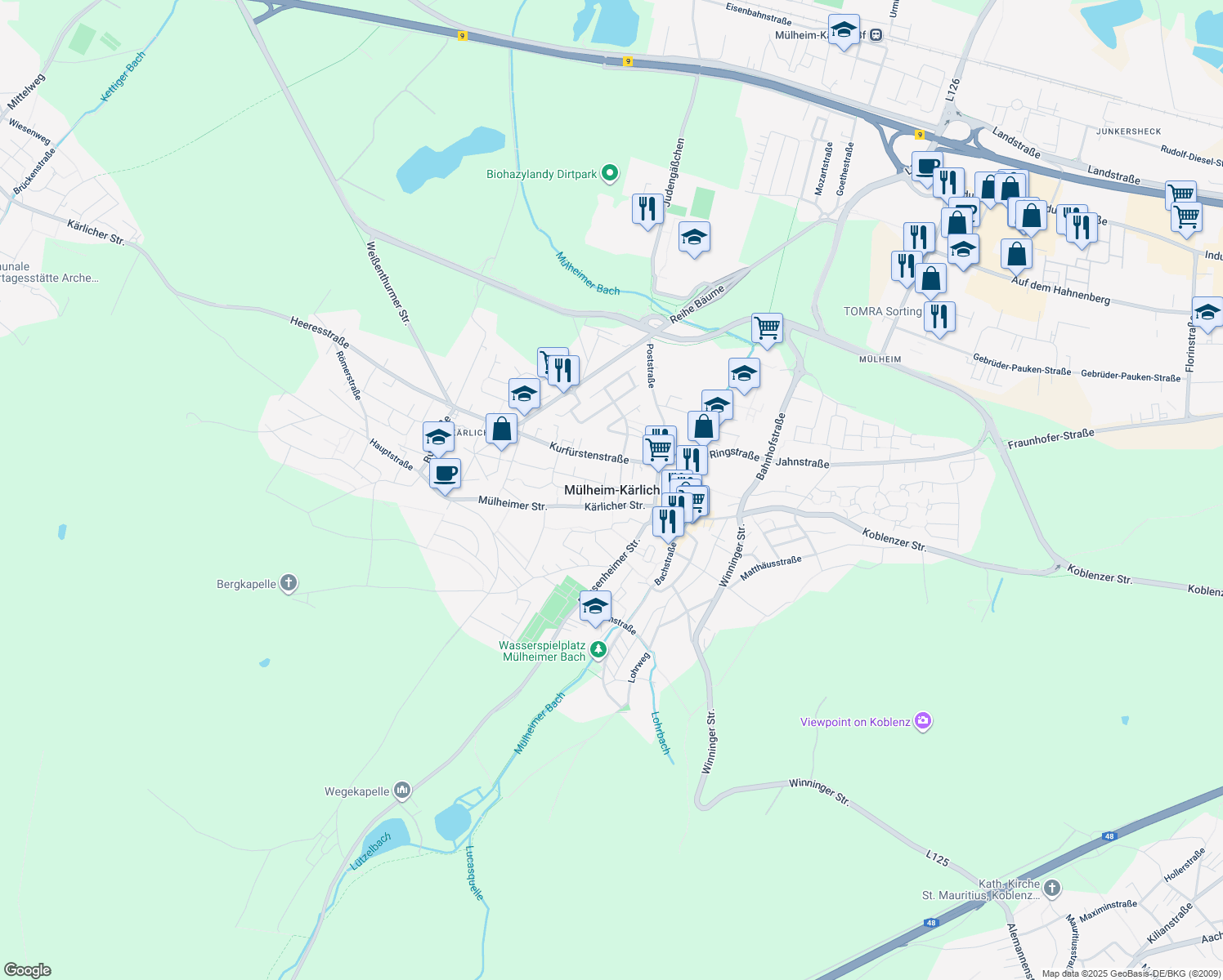 map of restaurants, bars, coffee shops, grocery stores, and more near in Mülheim-Kärlich