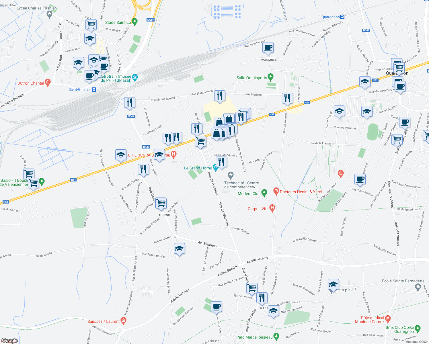 map of restaurants, bars, coffee shops, grocery stores, and more near 82 Rue Sainte-Louise in Boussu