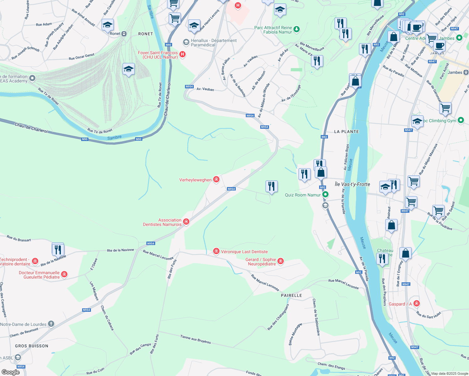 map of restaurants, bars, coffee shops, grocery stores, and more near 19 Avenue de la Vecquée in Namur