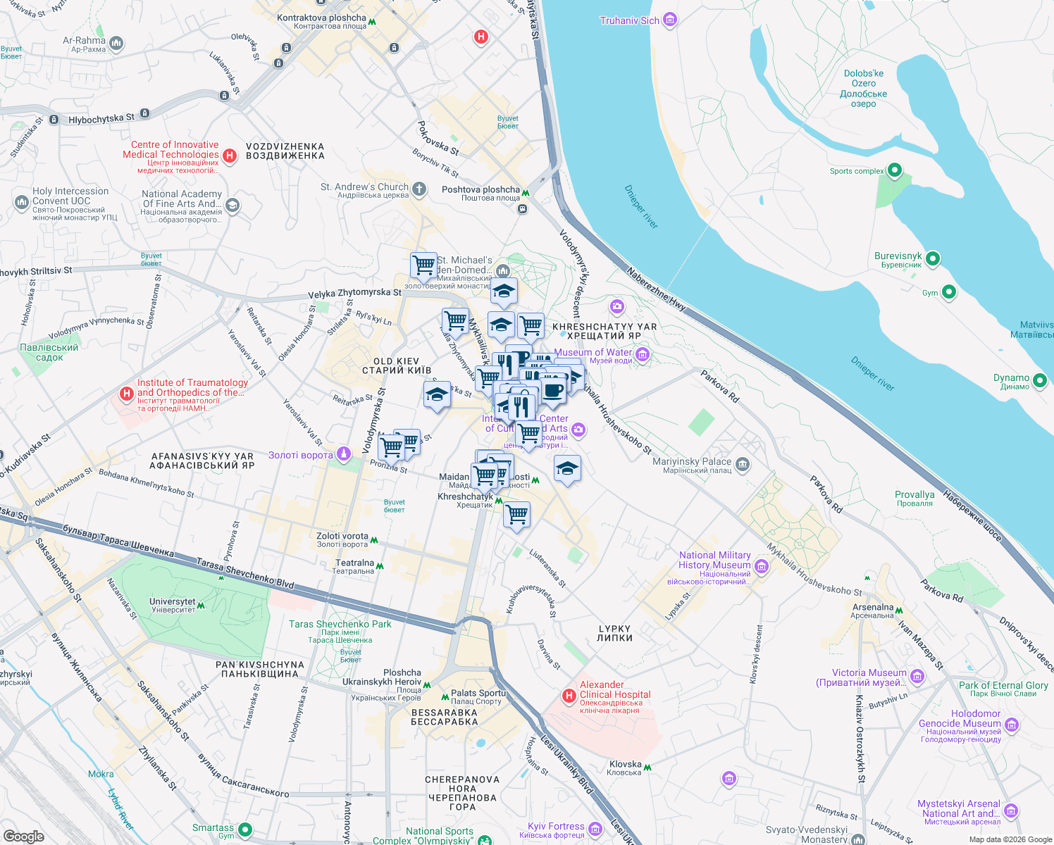 map of restaurants, bars, coffee shops, grocery stores, and more near in Kyiv