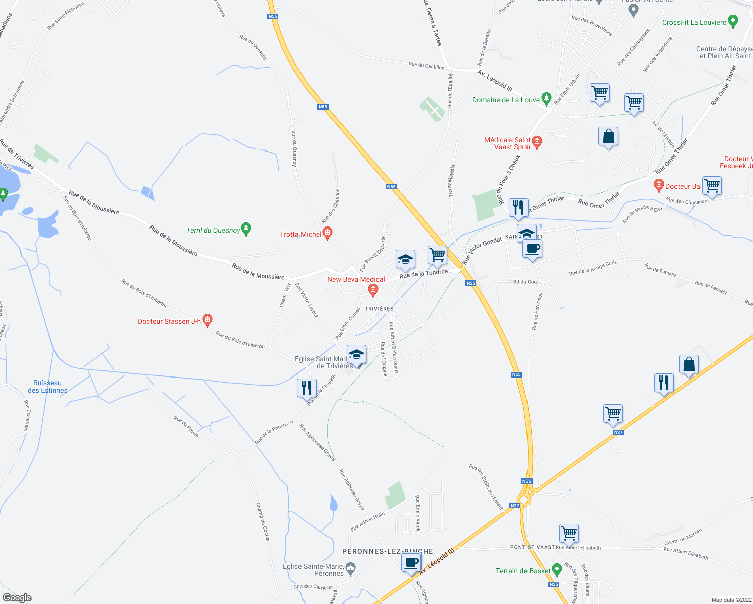 map of restaurants, bars, coffee shops, grocery stores, and more near 100 Rue Oscar Quertinmont in La Louviere