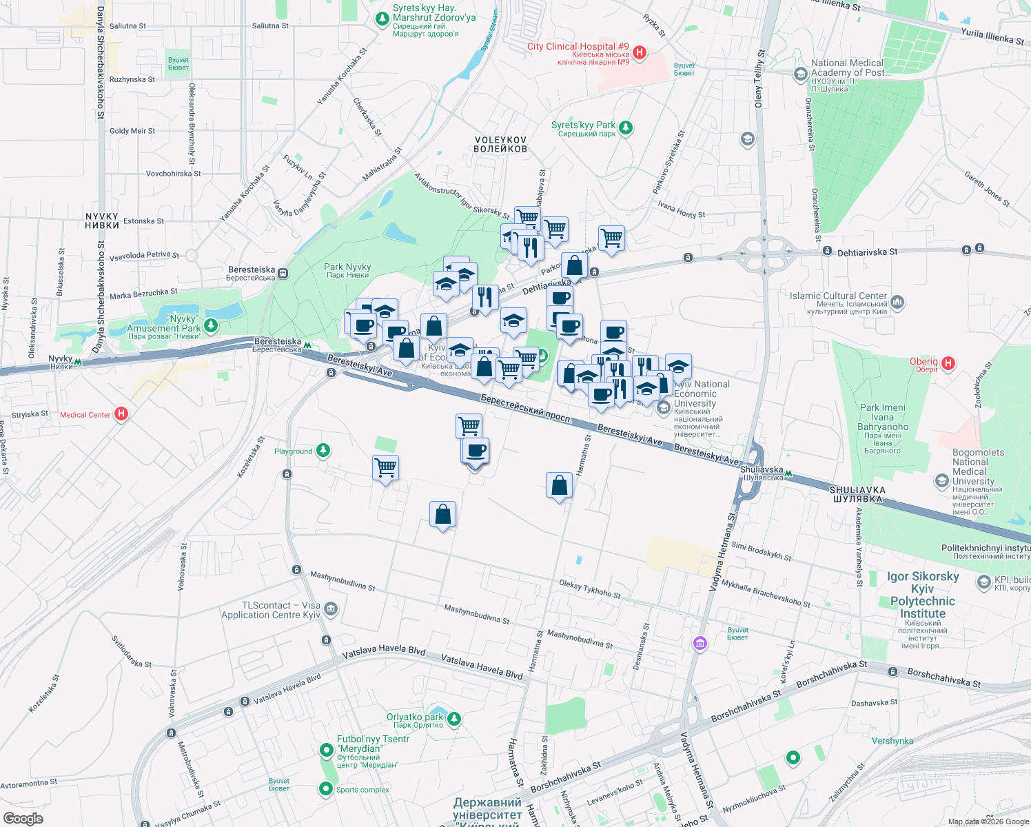 map of restaurants, bars, coffee shops, grocery stores, and more near 53 Beresteiskyi Avenue in Kyiv