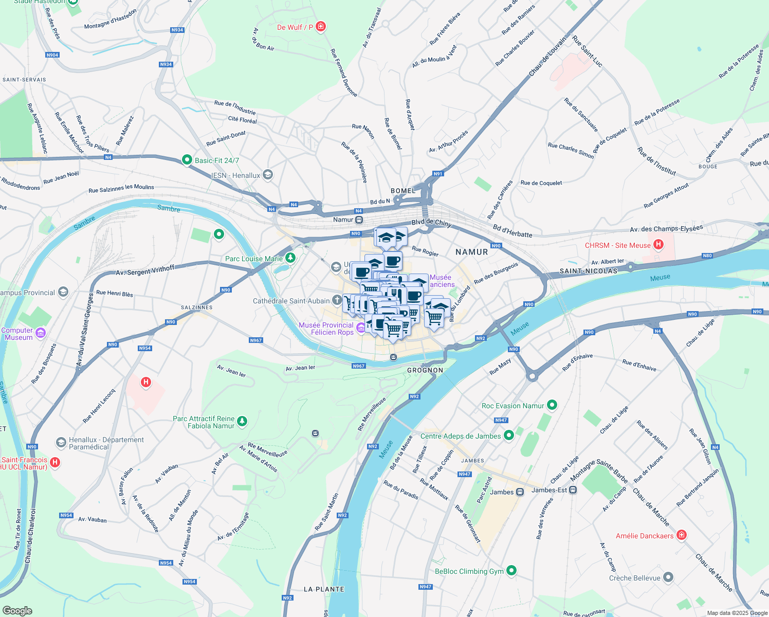 map of restaurants, bars, coffee shops, grocery stores, and more near 9 Rue Haute Marcelle in Namur