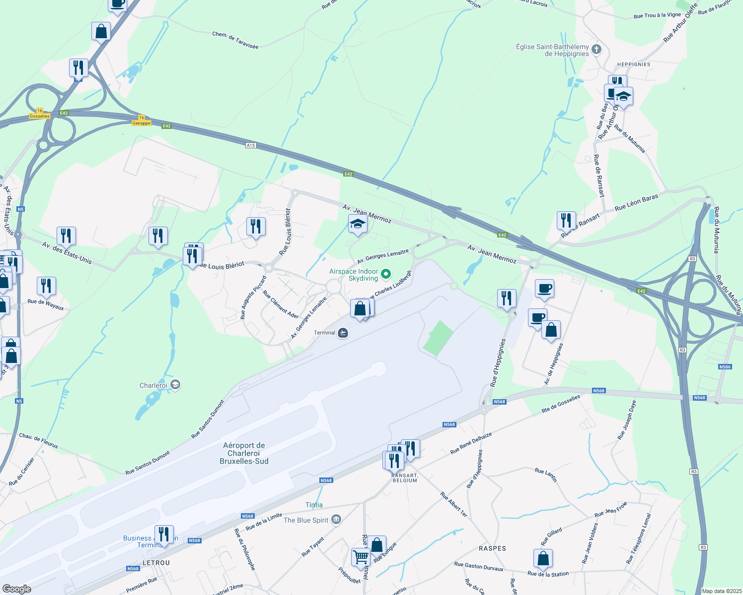 map of restaurants, bars, coffee shops, grocery stores, and more near 26 Rue Charles Lindbergh in Charleroi
