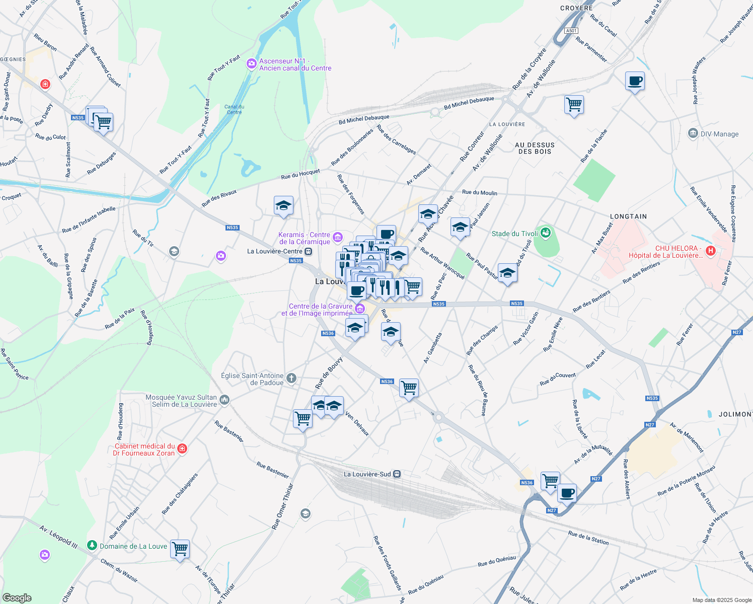 map of restaurants, bars, coffee shops, grocery stores, and more near 8 Rue Sylvain Guyaux in La Louviere