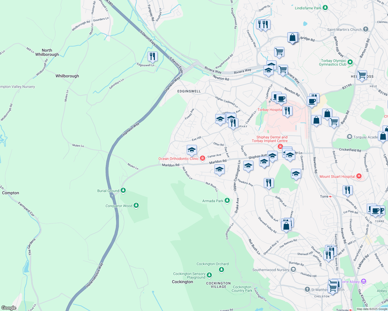 map of restaurants, bars, coffee shops, grocery stores, and more near 117 Torridge Avenue in Torbay