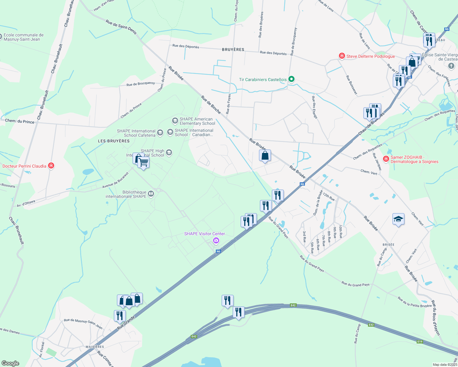 map of restaurants, bars, coffee shops, grocery stores, and more near Rue Clark in Mons