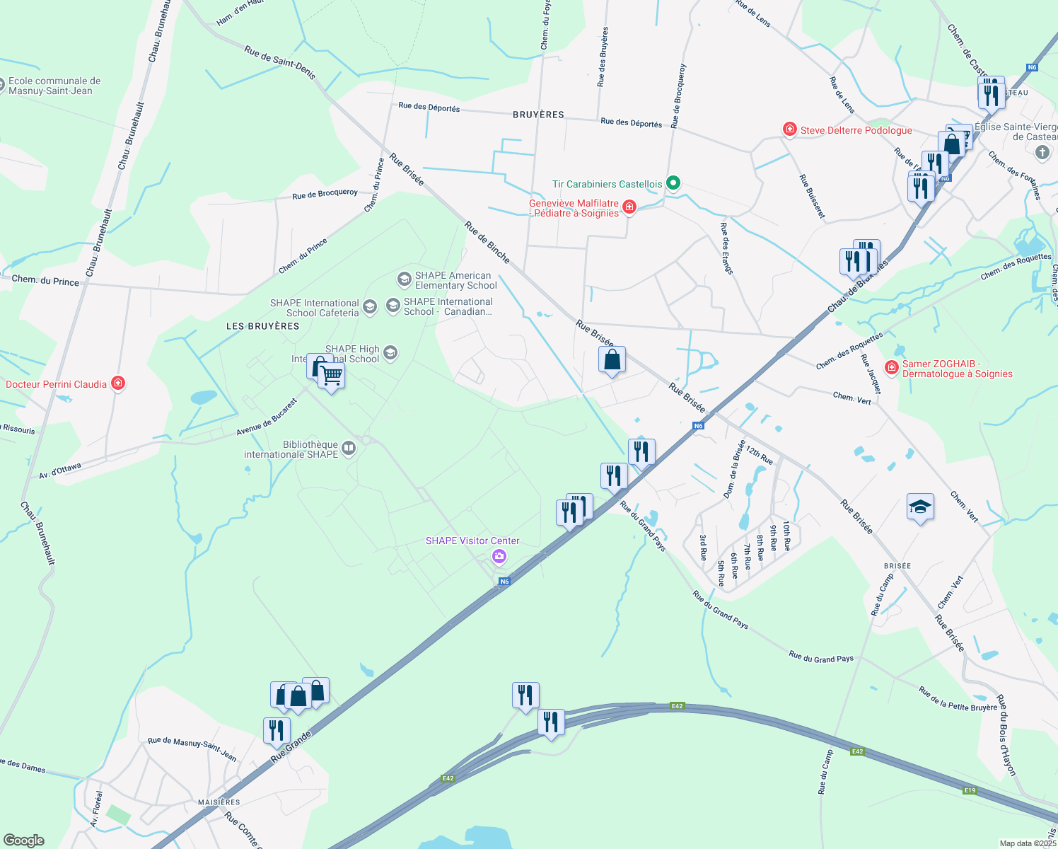 map of restaurants, bars, coffee shops, grocery stores, and more near Rue Clark in Mons