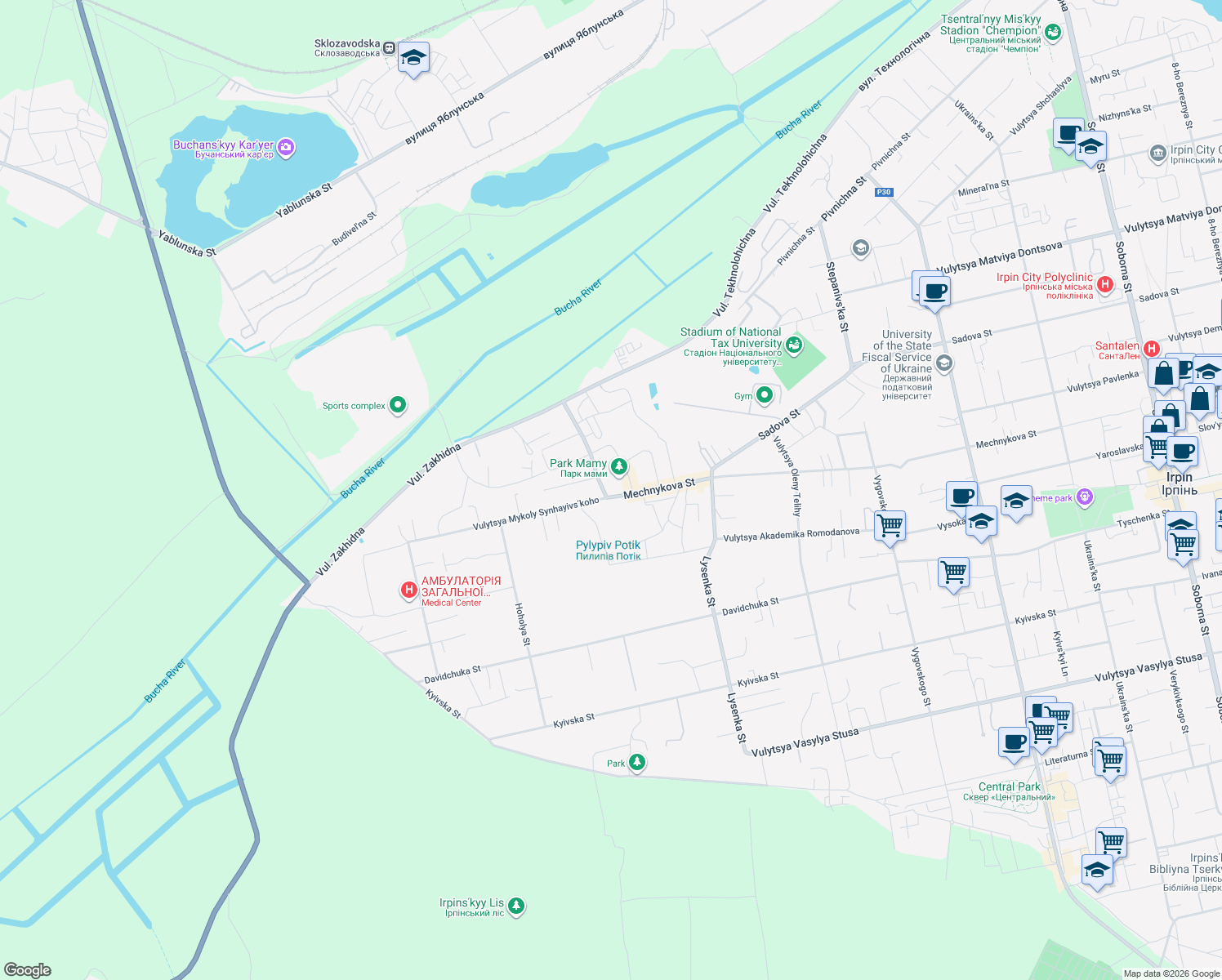 map of restaurants, bars, coffee shops, grocery stores, and more near 2 Novooskolska Street in Irpin'