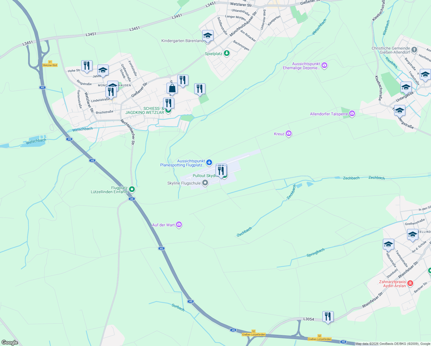 map of restaurants, bars, coffee shops, grocery stores, and more near 40 Flugplatz in Gießen