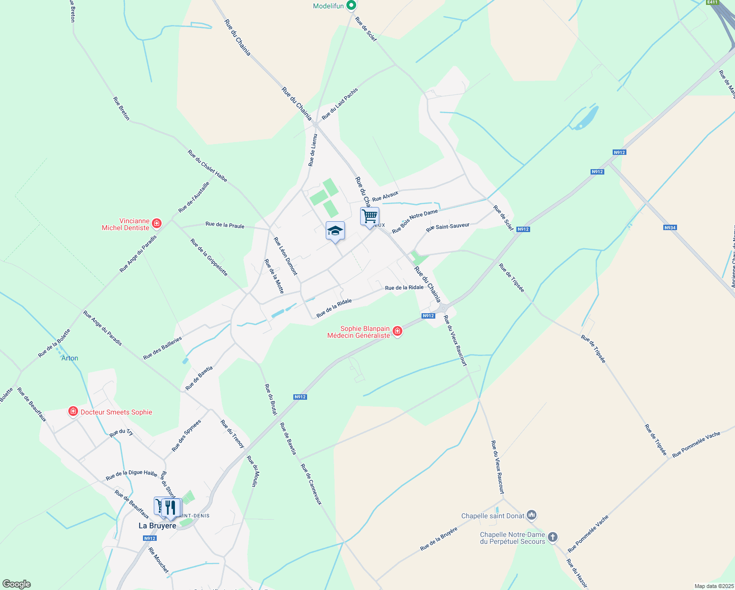 map of restaurants, bars, coffee shops, grocery stores, and more near Rue de la Ridale in La Bruyère