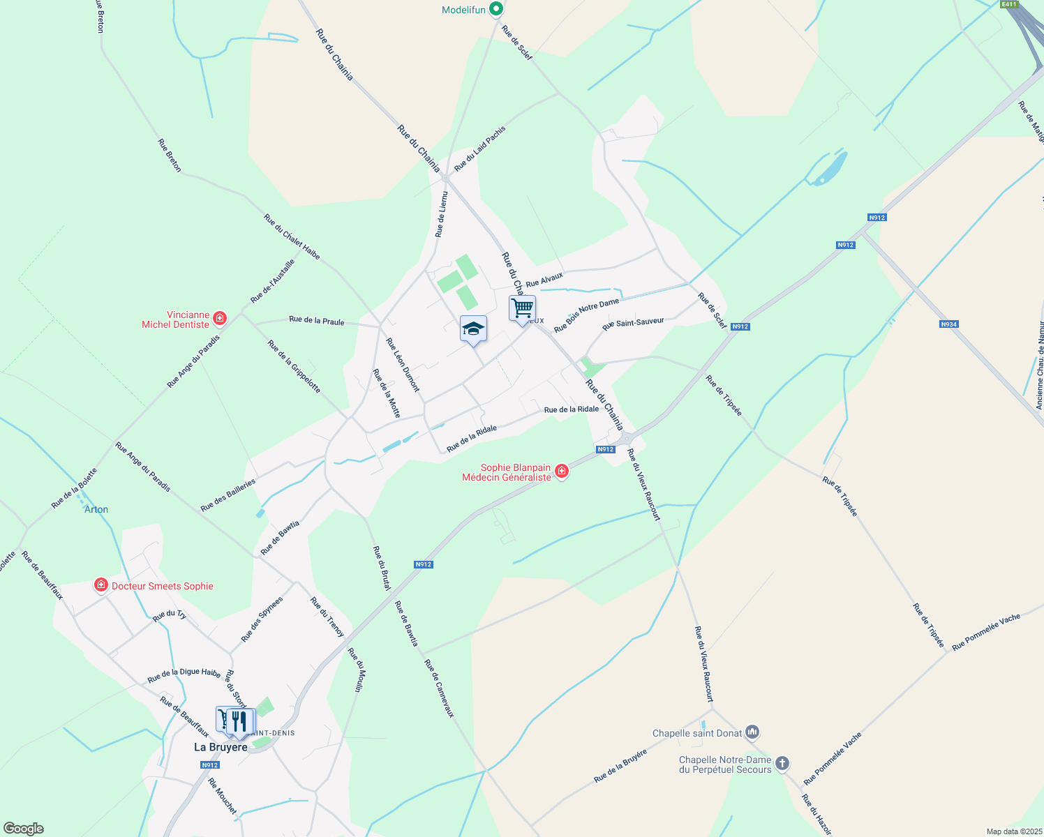 map of restaurants, bars, coffee shops, grocery stores, and more near Rue de la Ridale in La Bruyère