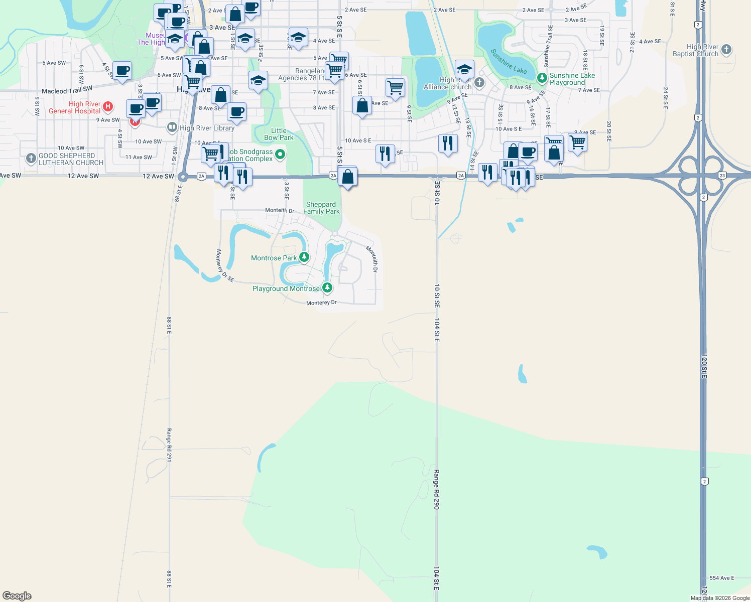 map of restaurants, bars, coffee shops, grocery stores, and more near 1712 Monteith Drive in Aldersyde