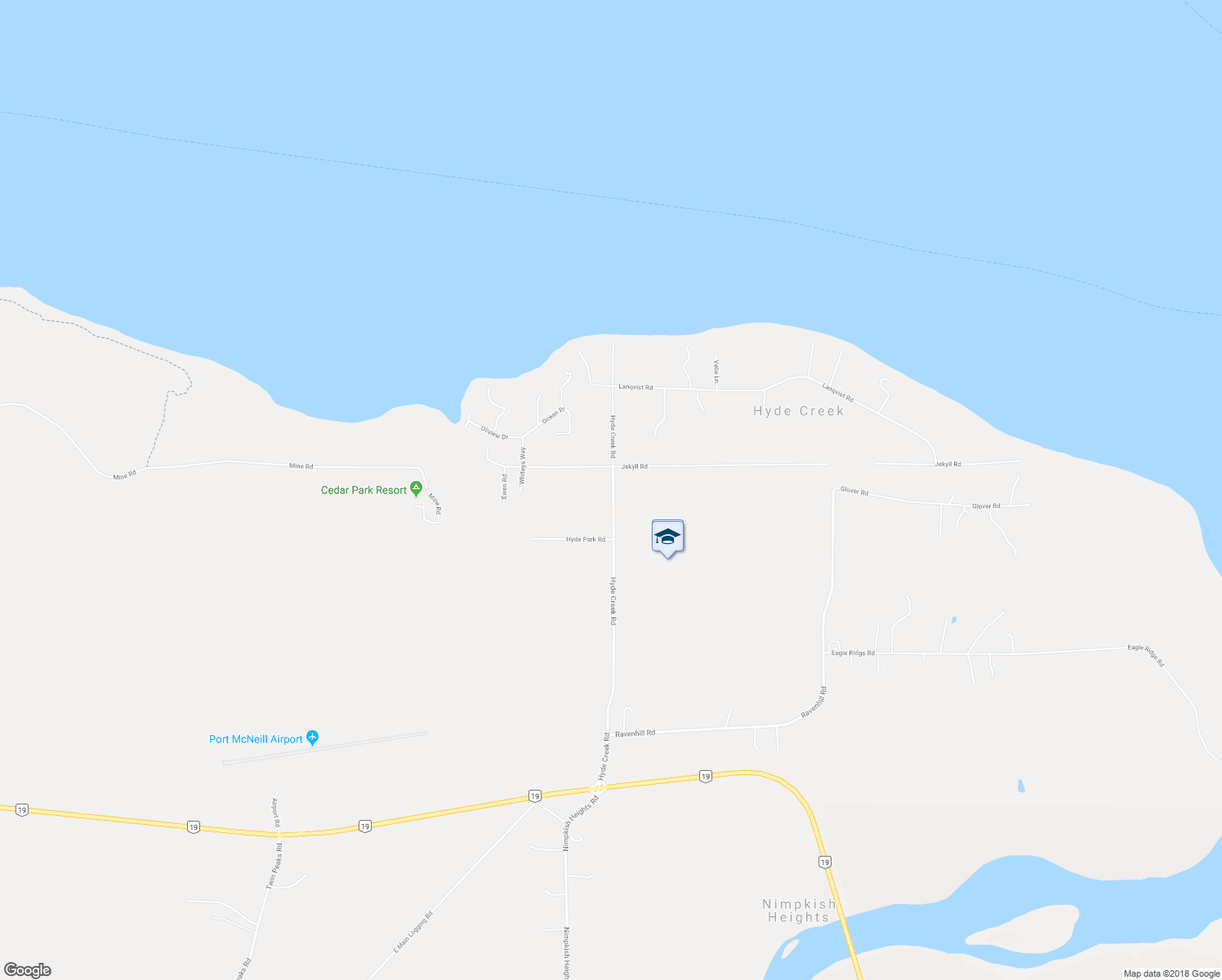 map of restaurants, bars, coffee shops, grocery stores, and more near 1405 Hyde Creek Road in Mount Waddington