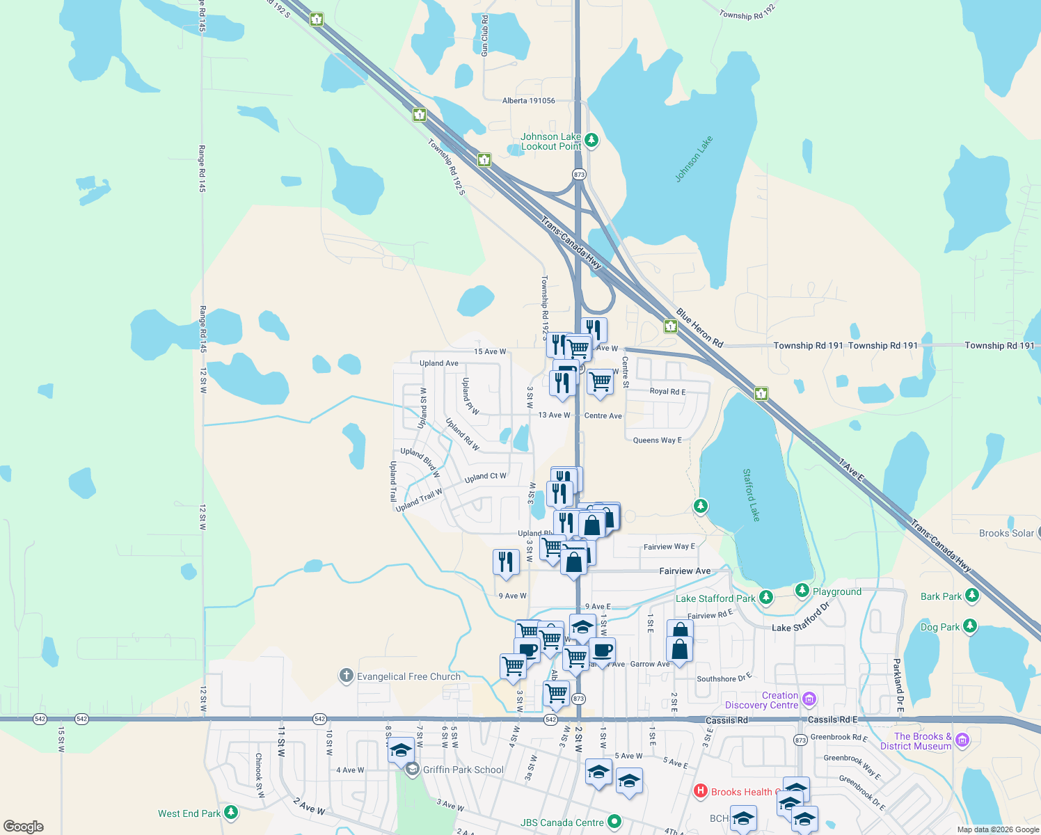 map of restaurants, bars, coffee shops, grocery stores, and more near 1235 3 Street West in Brooks