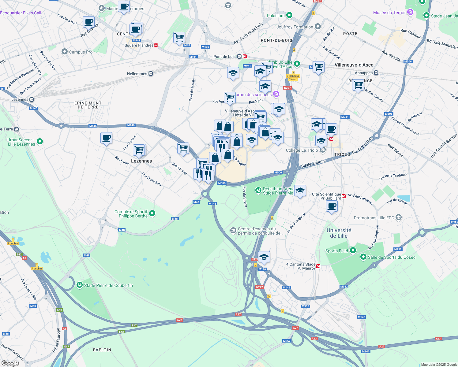 map of restaurants, bars, coffee shops, grocery stores, and more near Boulevard de Tournai in Lezennes