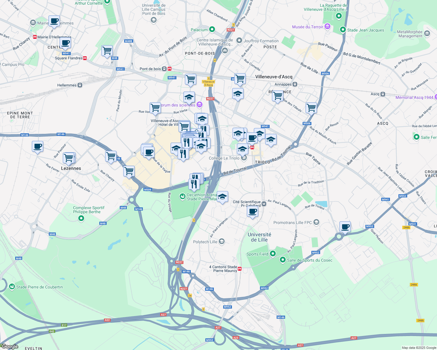 map of restaurants, bars, coffee shops, grocery stores, and more near Boulevard de Tournai in Lezennes