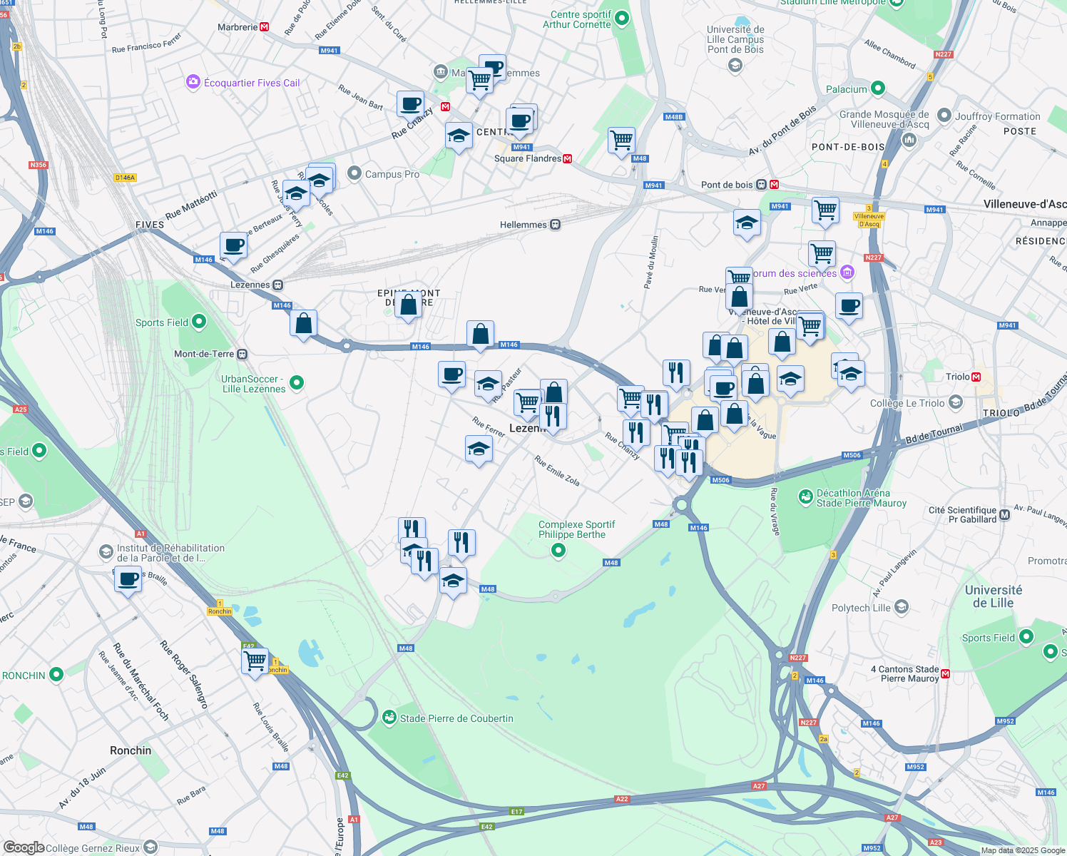 map of restaurants, bars, coffee shops, grocery stores, and more near in Lezennes