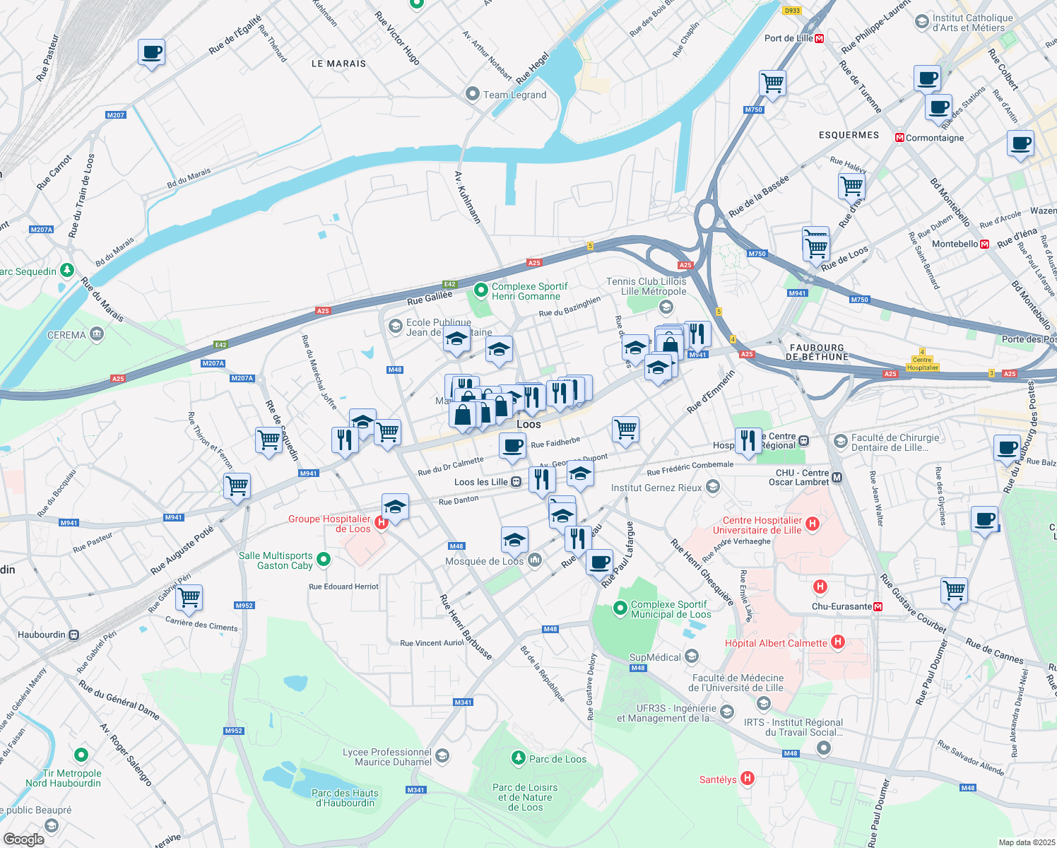 map of restaurants, bars, coffee shops, grocery stores, and more near in Loos