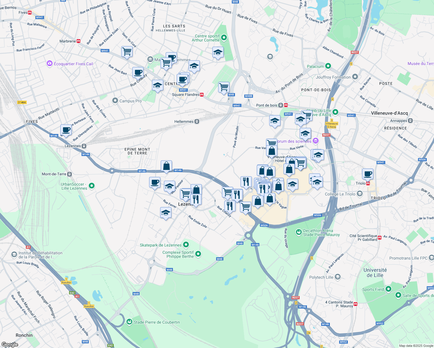 map of restaurants, bars, coffee shops, grocery stores, and more near 1 Rue de l'Espoir in Lezennes