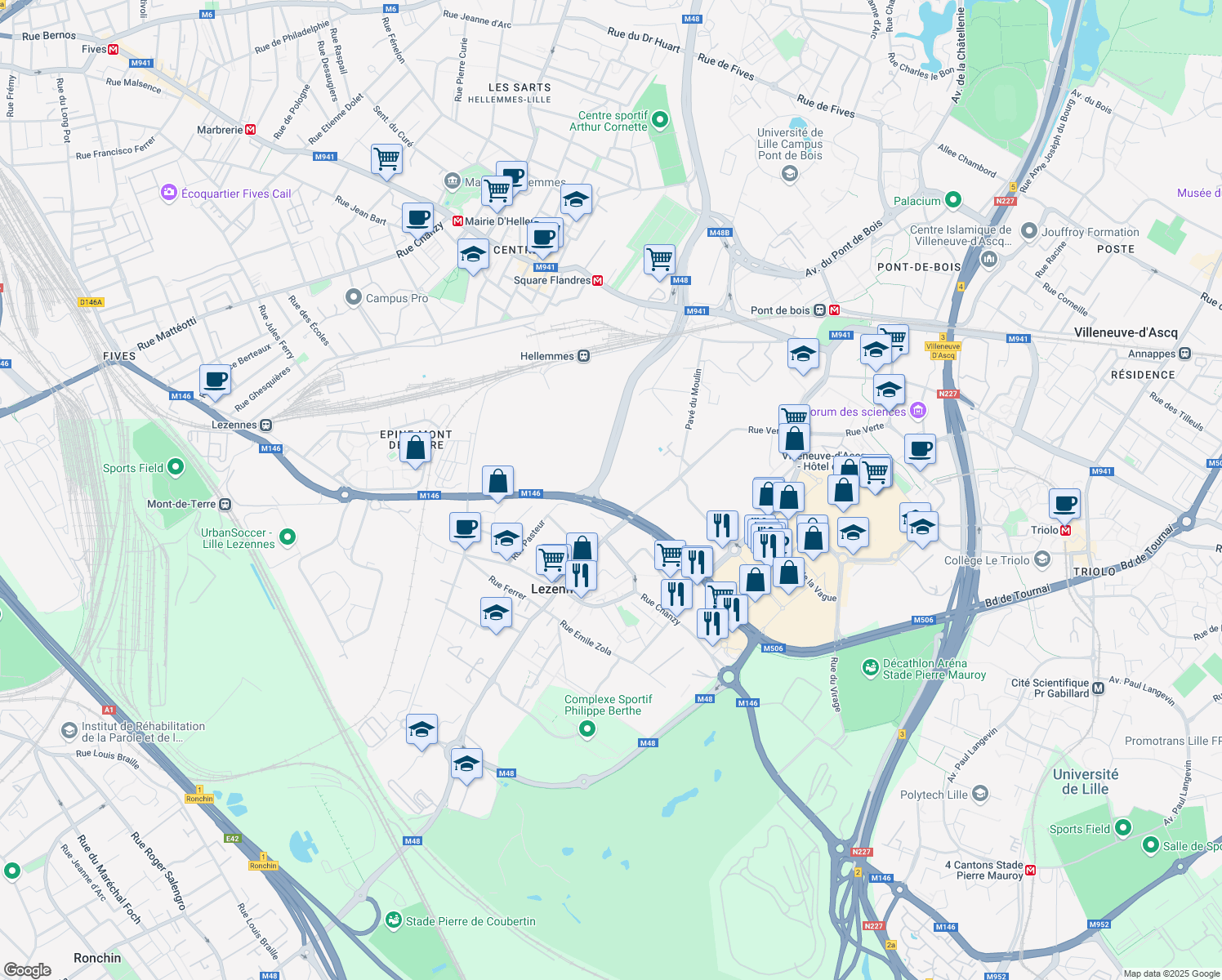 map of restaurants, bars, coffee shops, grocery stores, and more near 1 Rue de l'Espoir in Lezennes