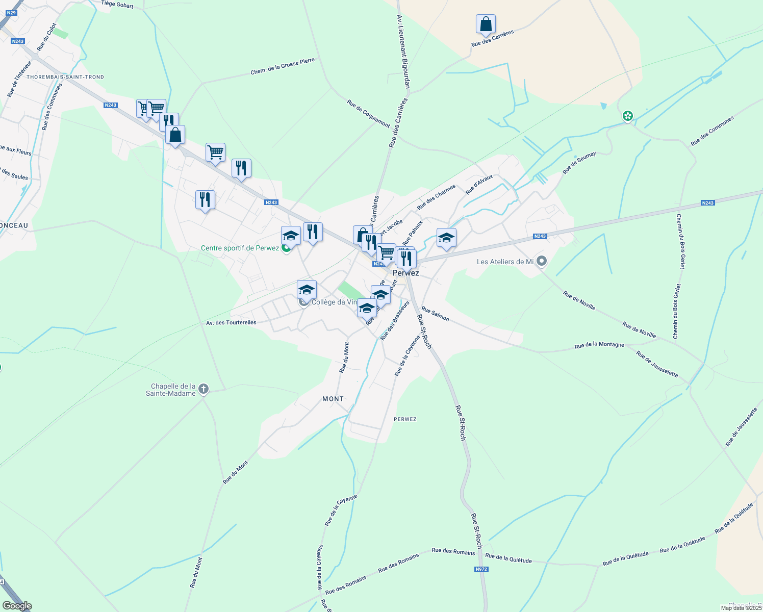 map of restaurants, bars, coffee shops, grocery stores, and more near 33 Rue Emile de Brabant in Perwez