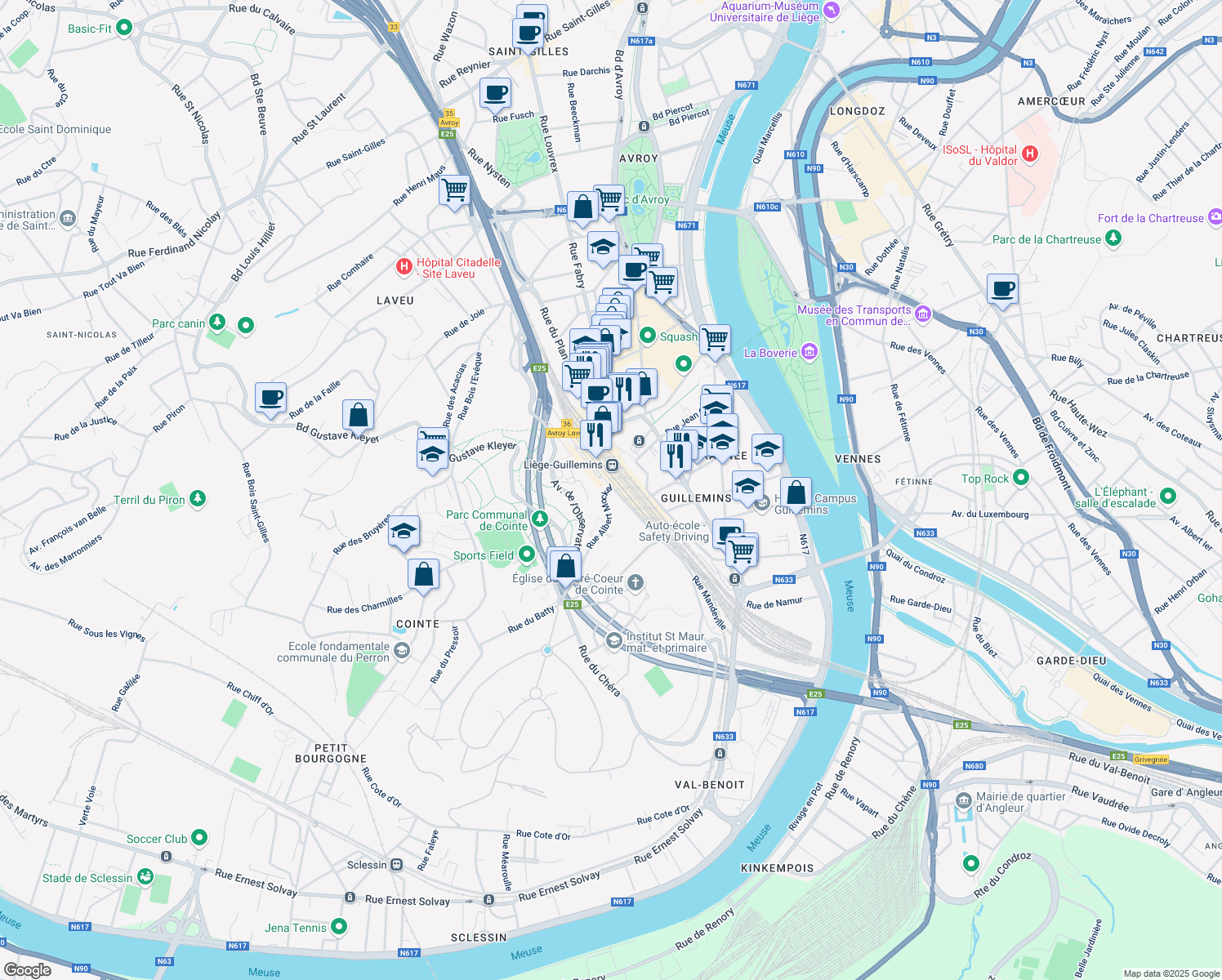 map of restaurants, bars, coffee shops, grocery stores, and more near 71 Rue Mandeville in Liège