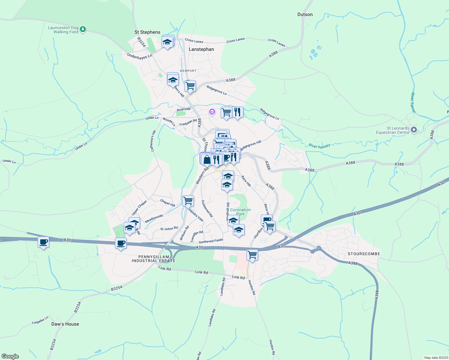 map of restaurants, bars, coffee shops, grocery stores, and more near Windmill Hill in Cornwall