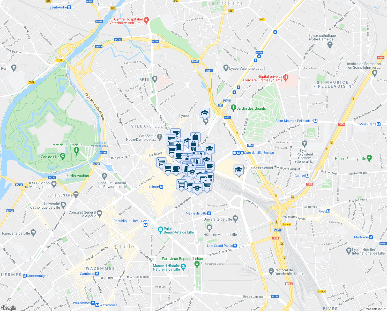 map of restaurants, bars, coffee shops, grocery stores, and more near 7 Rue des Jardins in Lille