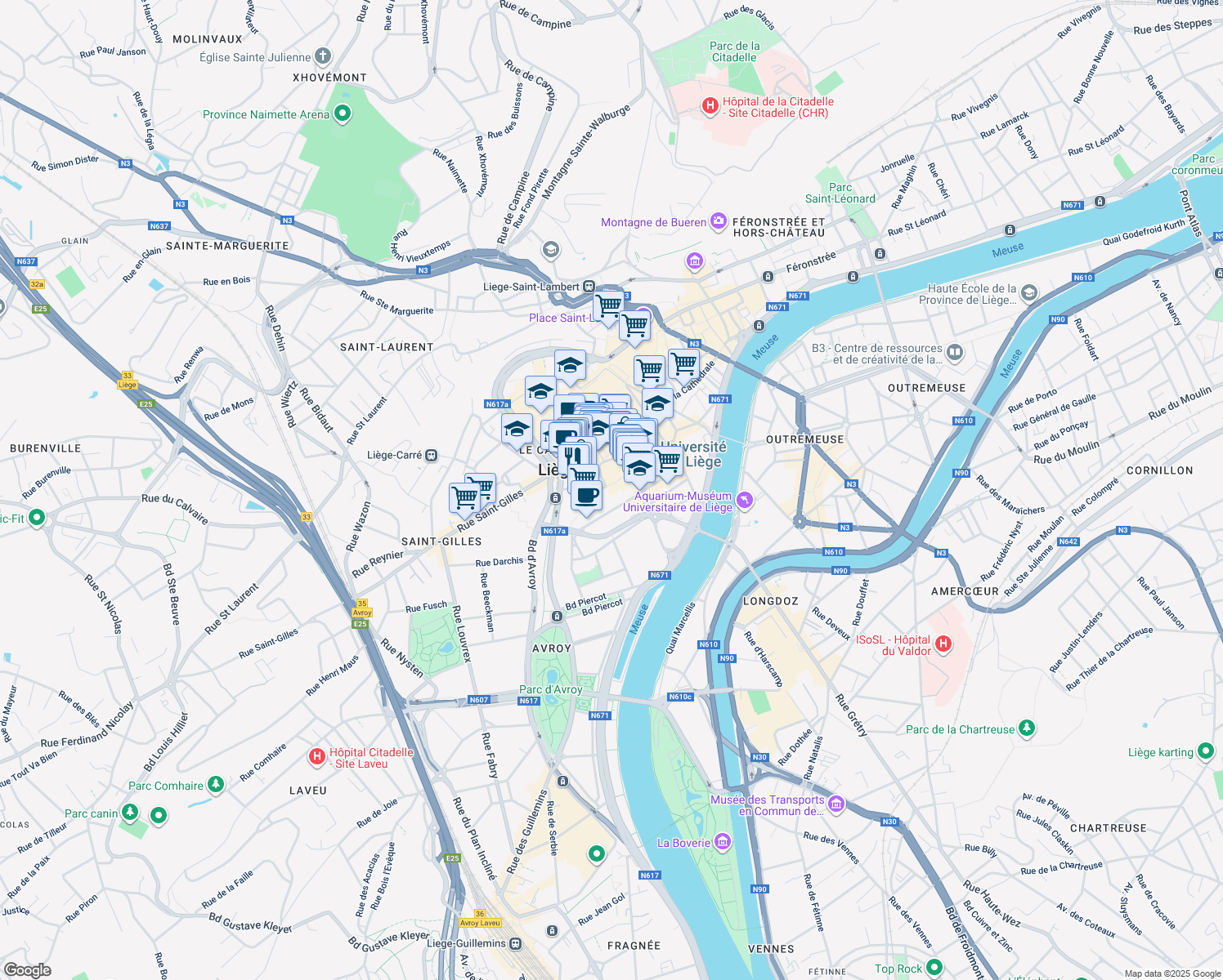 map of restaurants, bars, coffee shops, grocery stores, and more near 17 Rue Bonne Fortune in Liège
