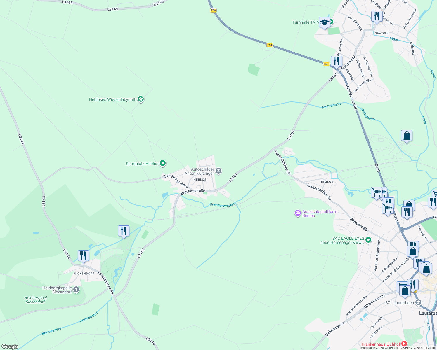 map of restaurants, bars, coffee shops, grocery stores, and more near in Lauterbach