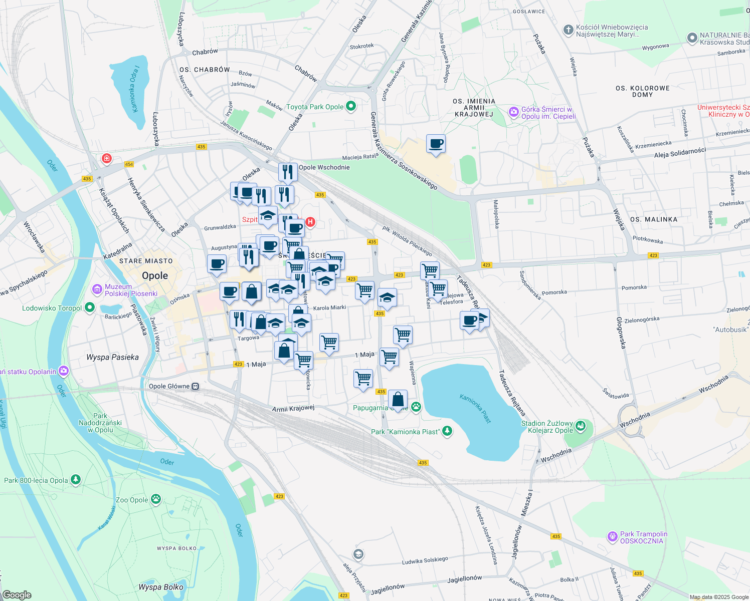 map of restaurants, bars, coffee shops, grocery stores, and more near 26 Plebiscytowa in Opole