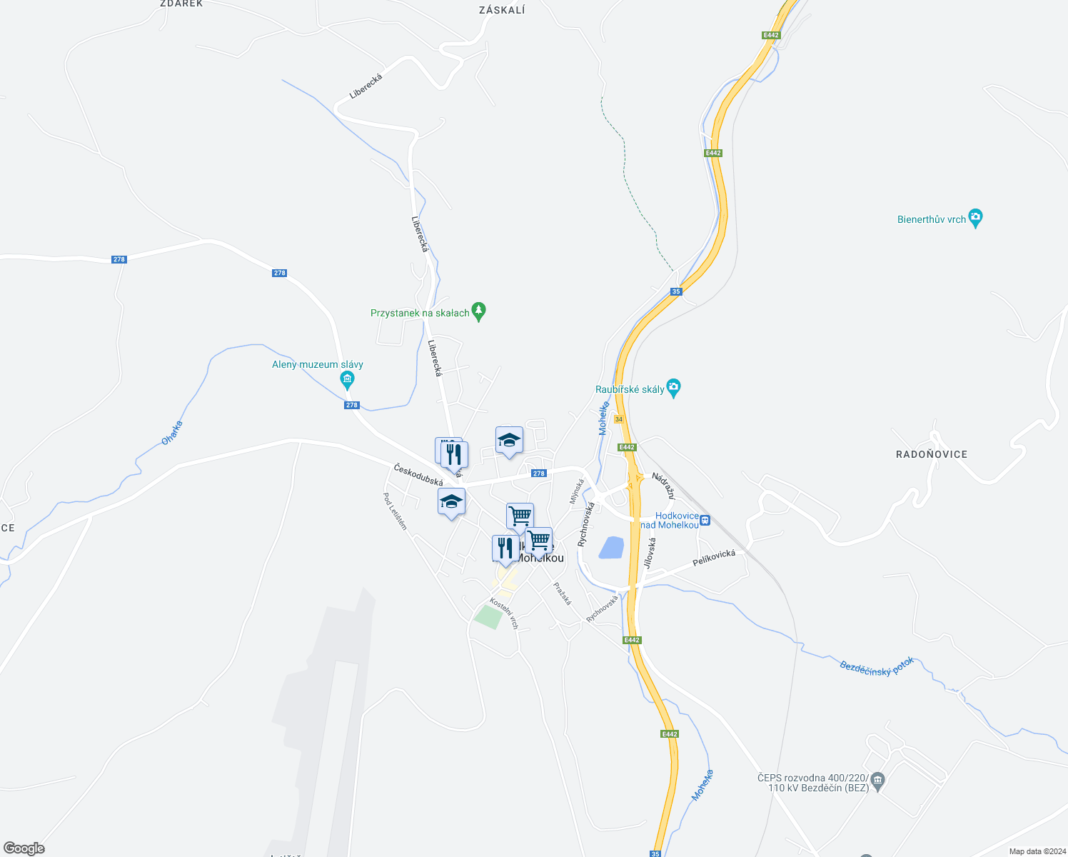 map of restaurants, bars, coffee shops, grocery stores, and more near Podlesí in Hodkovice nad Mohelkou