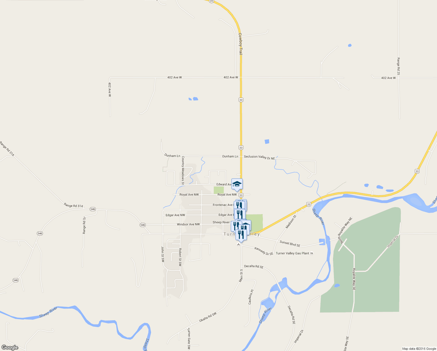 map of restaurants, bars, coffee shops, grocery stores, and more near 513 Archibald Way Northwest in Turner Valley