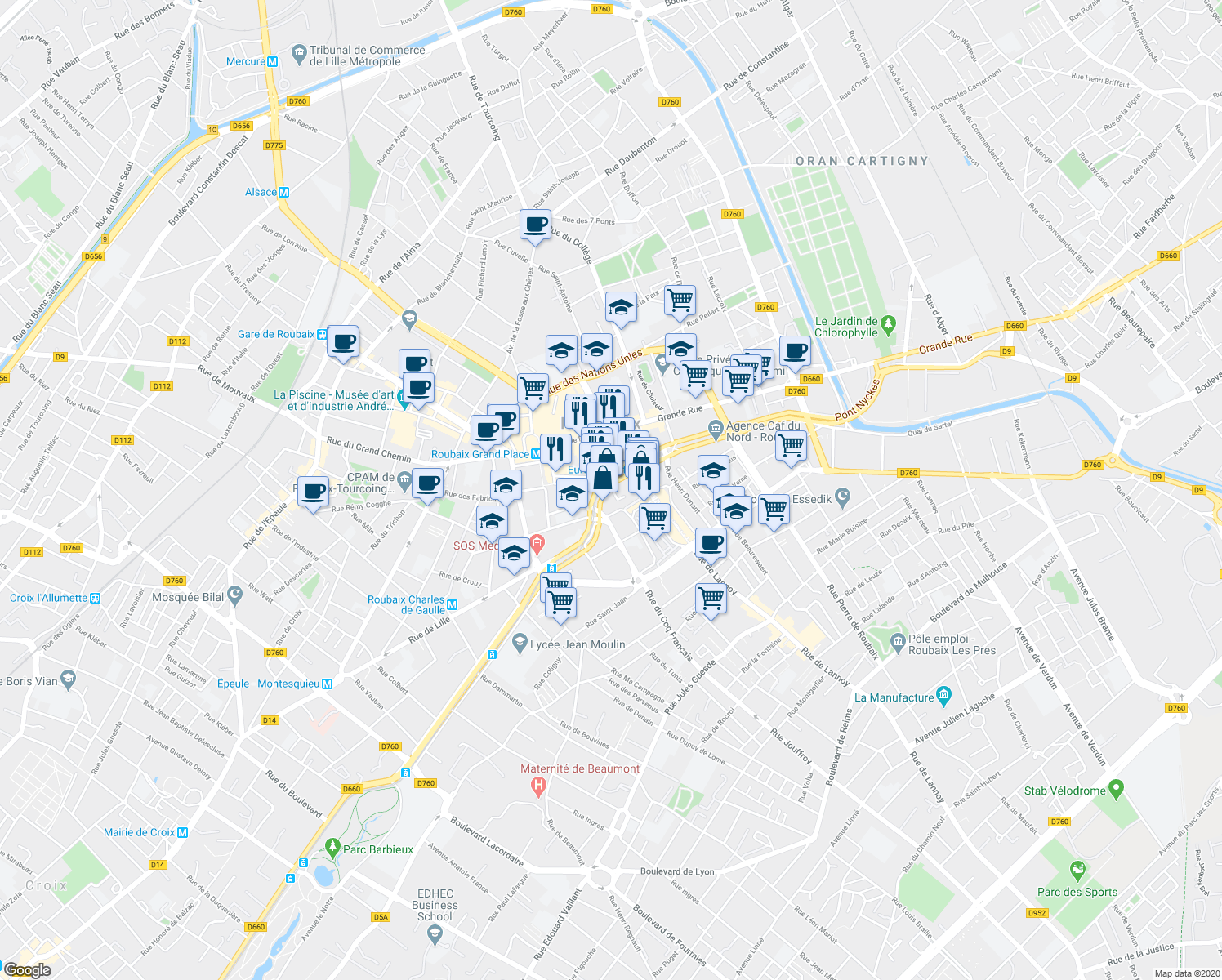 map of restaurants, bars, coffee shops, grocery stores, and more near 78 Boulevard du Général Leclerc in Roubaix