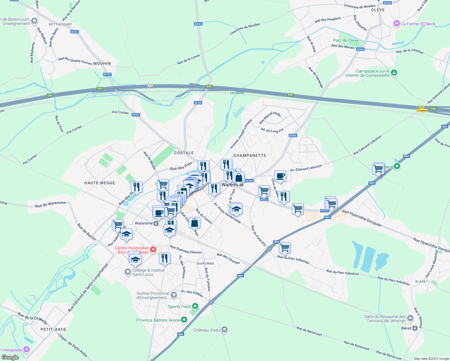 map of restaurants, bars, coffee shops, grocery stores, and more near 41 Avenue Edmond Leburton in Waremme