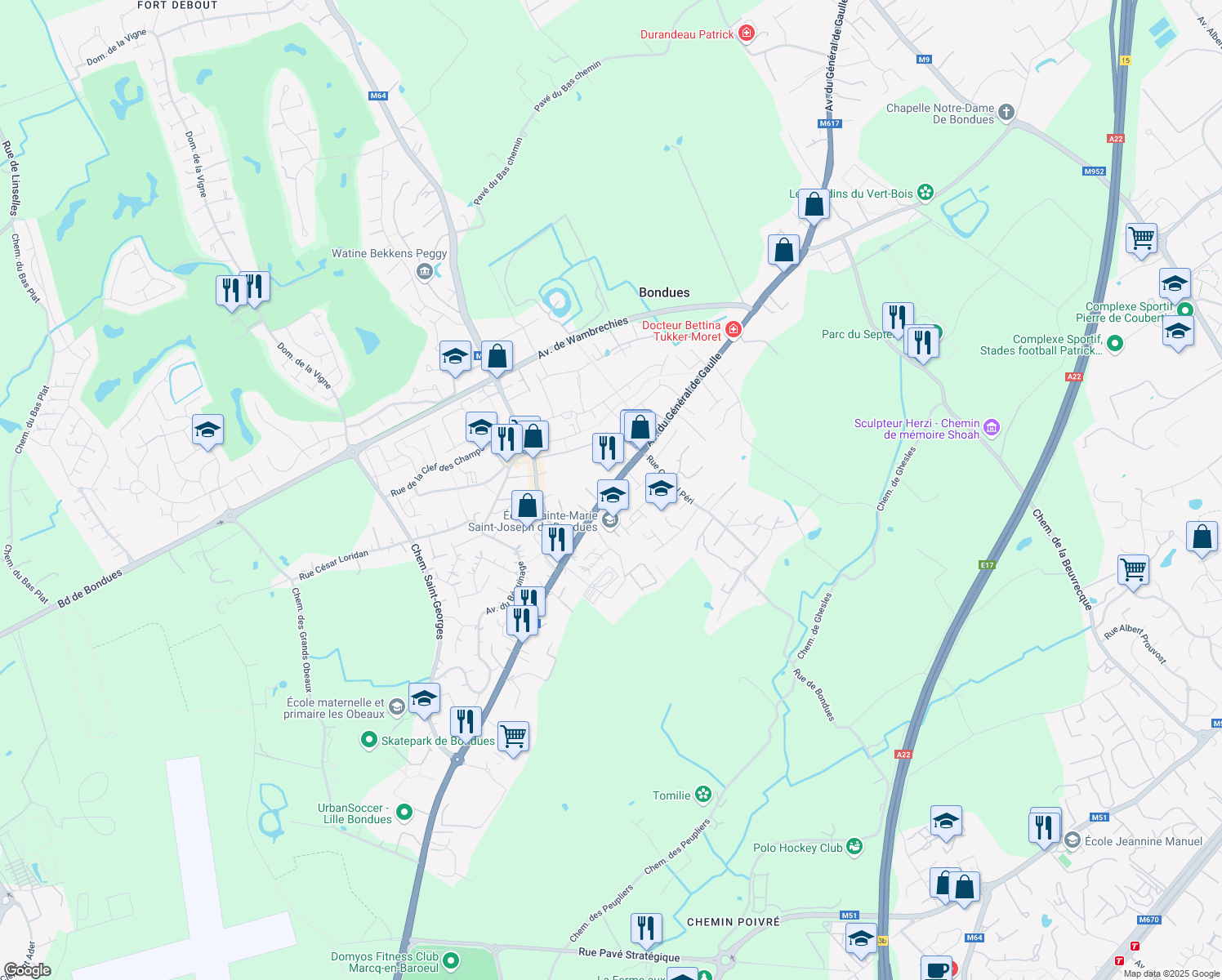 map of restaurants, bars, coffee shops, grocery stores, and more near Avenue du Général de Gaulle in Bondues