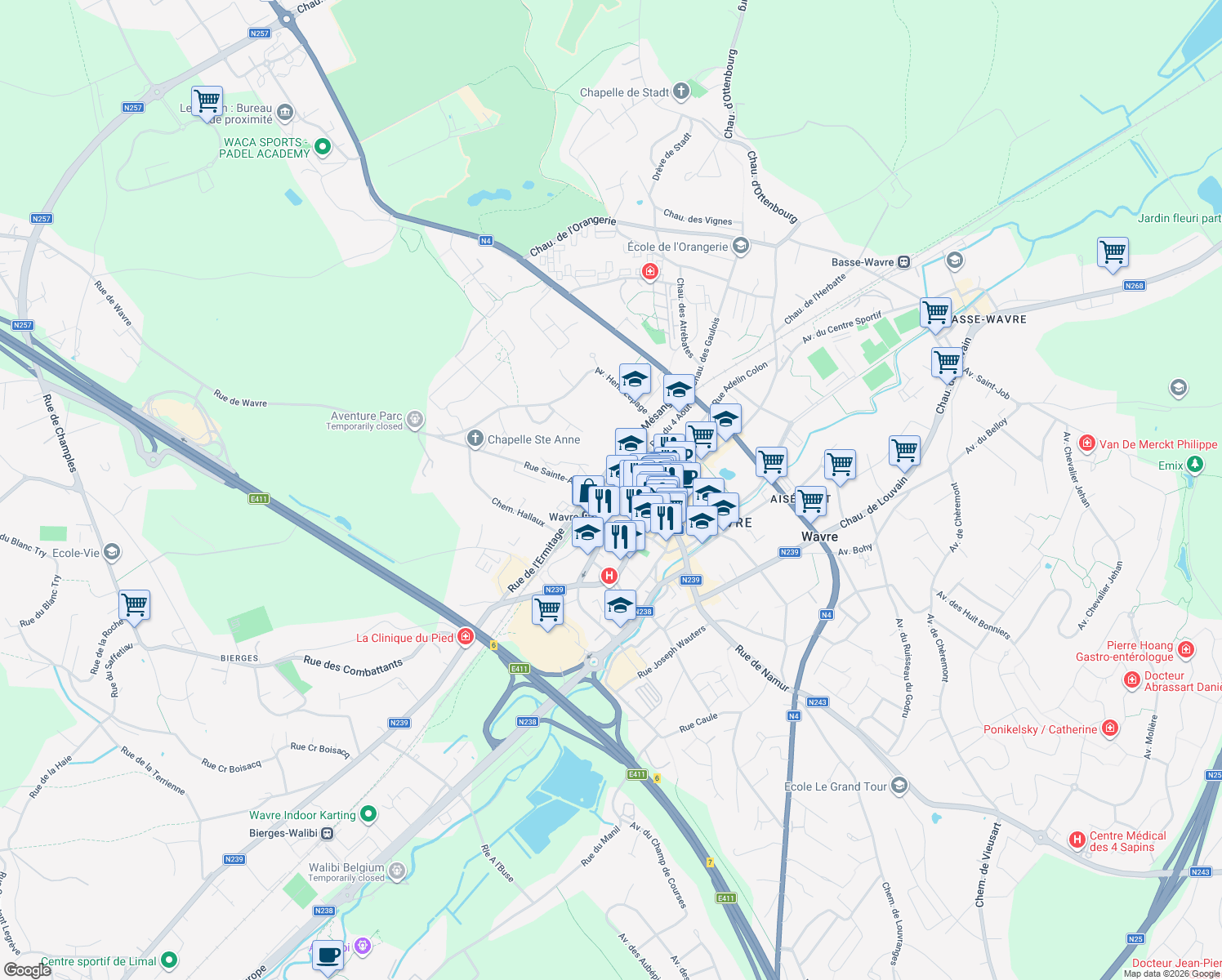 map of restaurants, bars, coffee shops, grocery stores, and more near 110 Rue de la Limite in Wavre